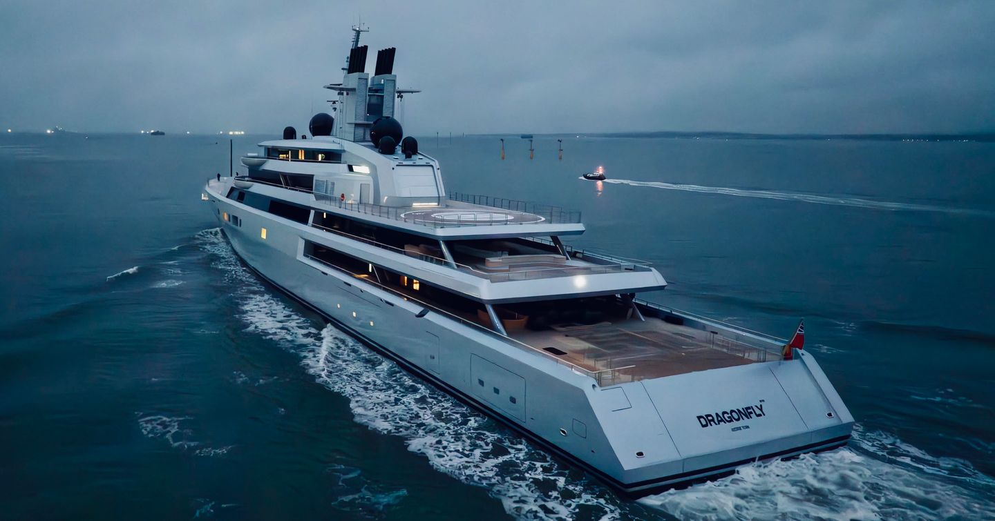 Port side of superyacht DRAGONFLY at night 