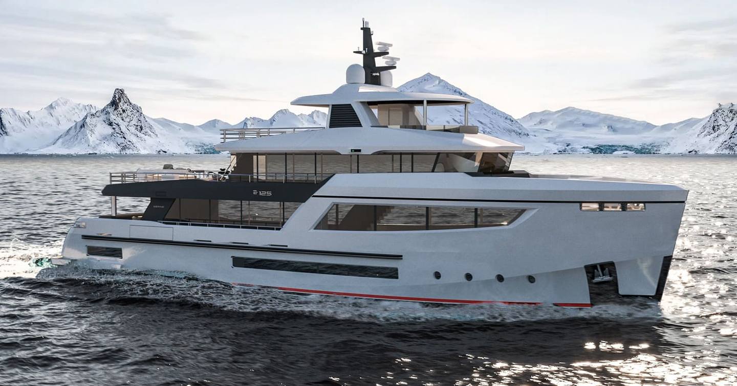 Rendering of Bering 125 explorer yacht under way 