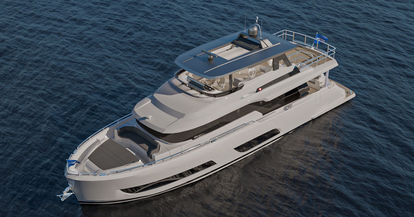 Horizon V74 EVO motor yacht at anchor front view 