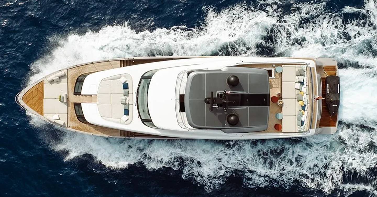 Sanlorenzo motor yacht Sal underway aerial view 