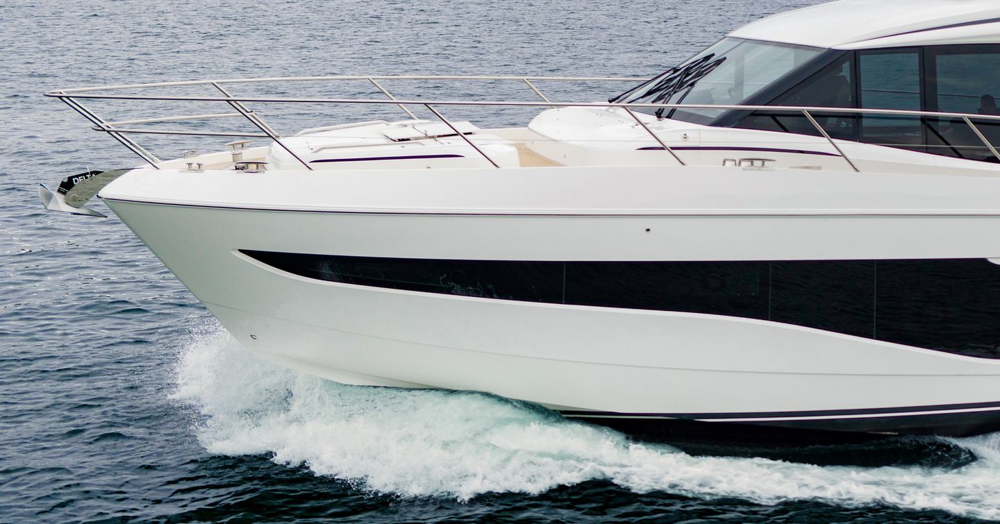 F58 motor yacht underway foredeck close up