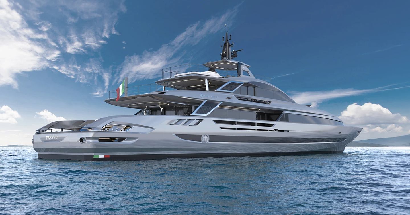 Rendering of Baglietto FAST50 Superyacht at anchor 
