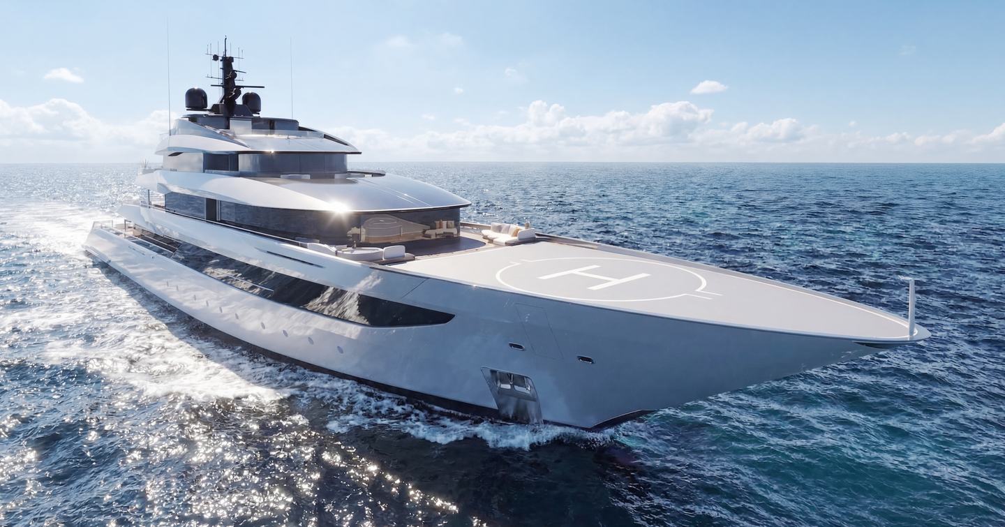 Rendering of ISA Large Yacht Collection Essence 82m superyacht foredeck while under way 