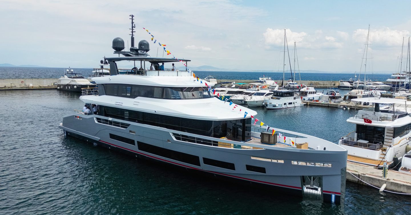 First Sirena 118 yacht at anchor side view 