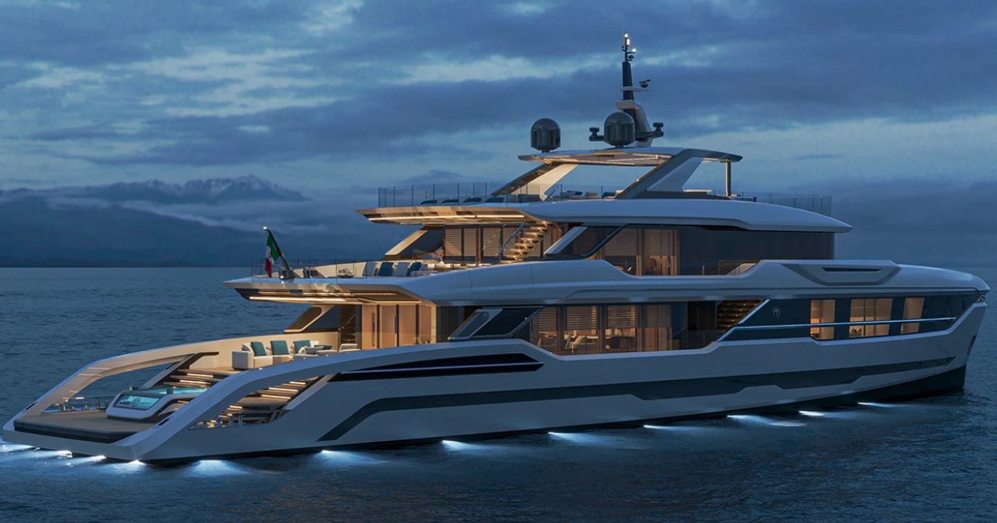 Rendering of Baglietto DOM155 Superyacht at anchor with underwater blue lights 