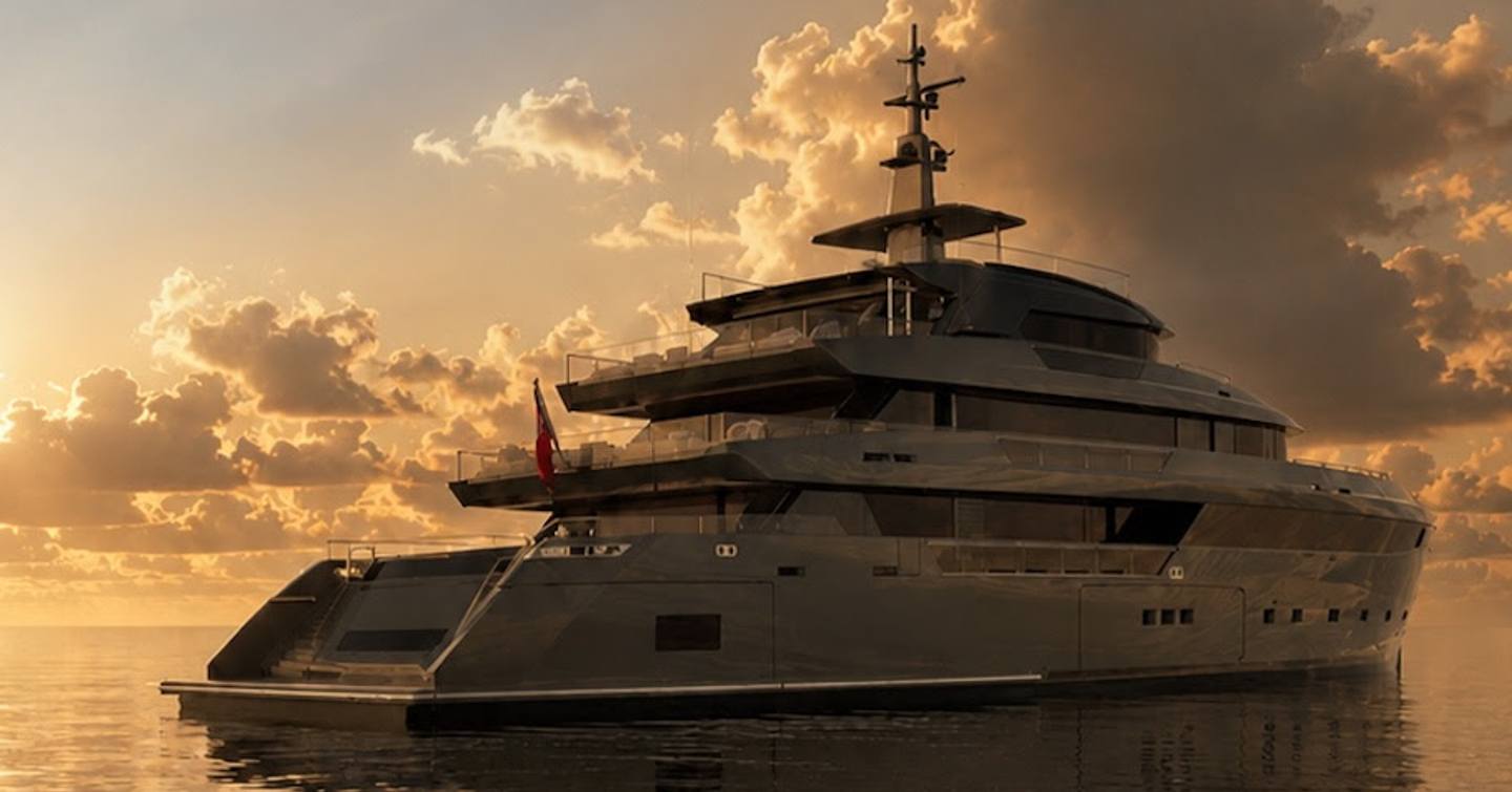 First Sanlorenzo 65Steel superyacht at anchor stern view 