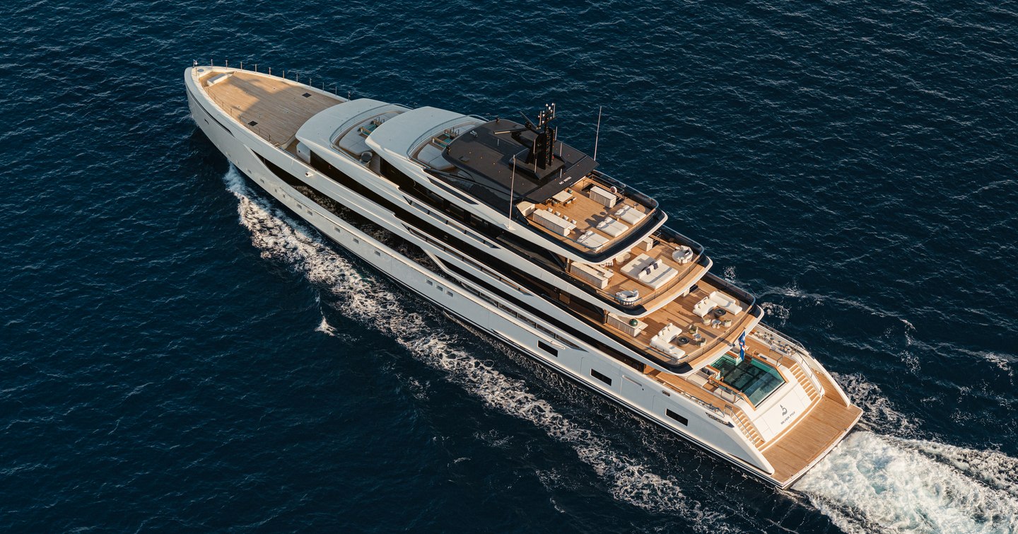 Aerial view of Sanlorenzo 74Steel superyacht Silver Fox under way 
