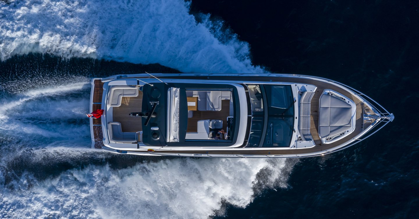 Pearl 62 on water viewed from above