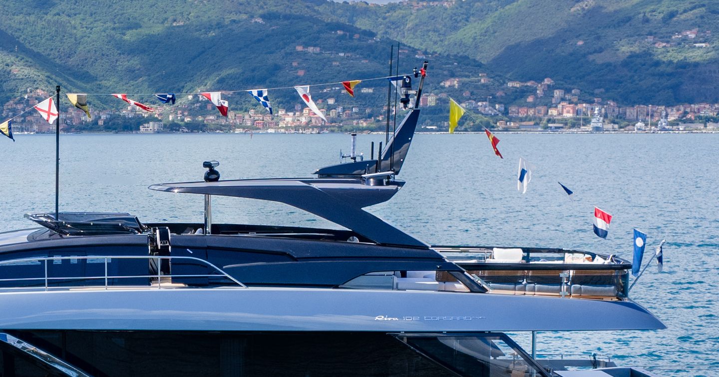 Flybridge of  Riva 102' Corsaro Super Motor Yacht at launch