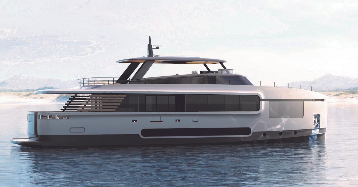 Azimut Magellano 27M motor yacht at anchor side view 