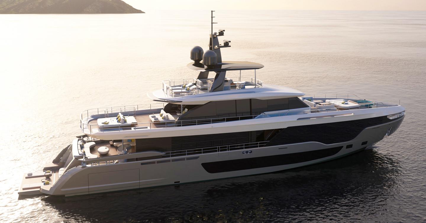 Rendering of Grande 36M superyacht at anchor