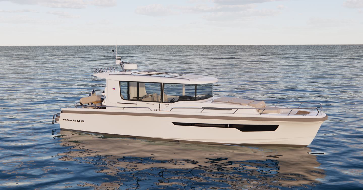 Rendering of the Nimbus Commuter 12 boat at anchor 