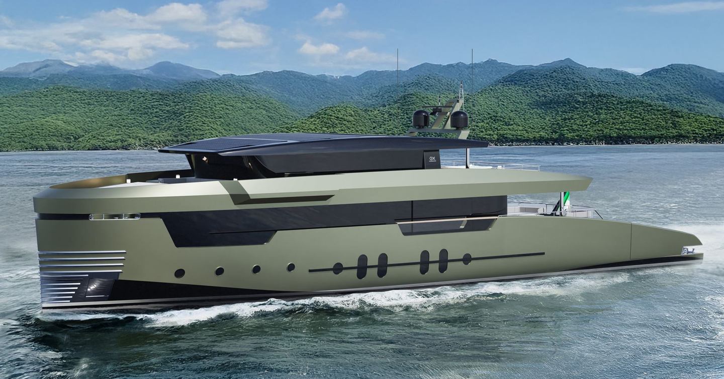 Rendering of GX Superyachts GX38 Voyager explorer yacht under way 