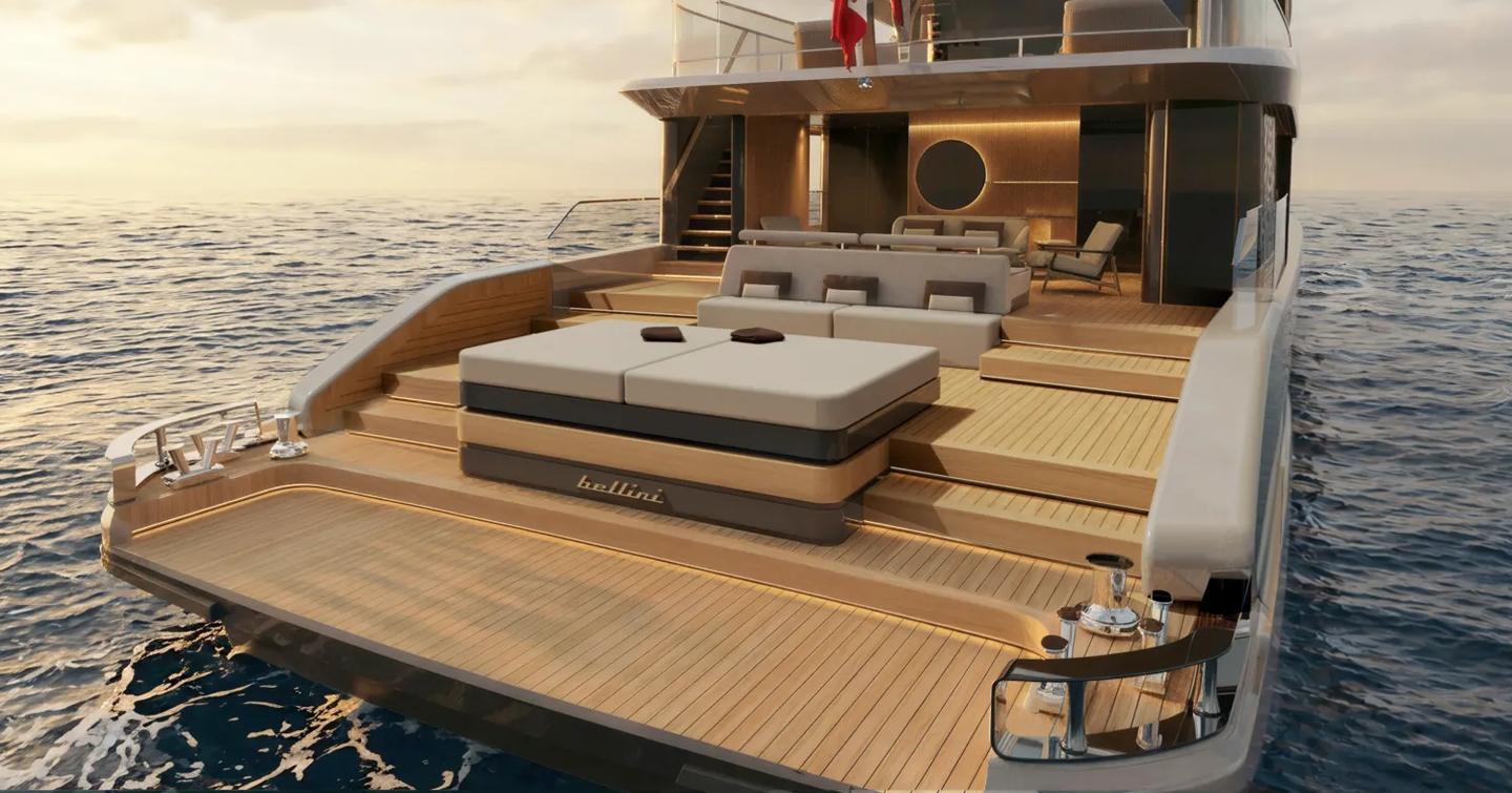 Rendering of Bellini Yacht Eternal 36 motor yacht stern with sunpads