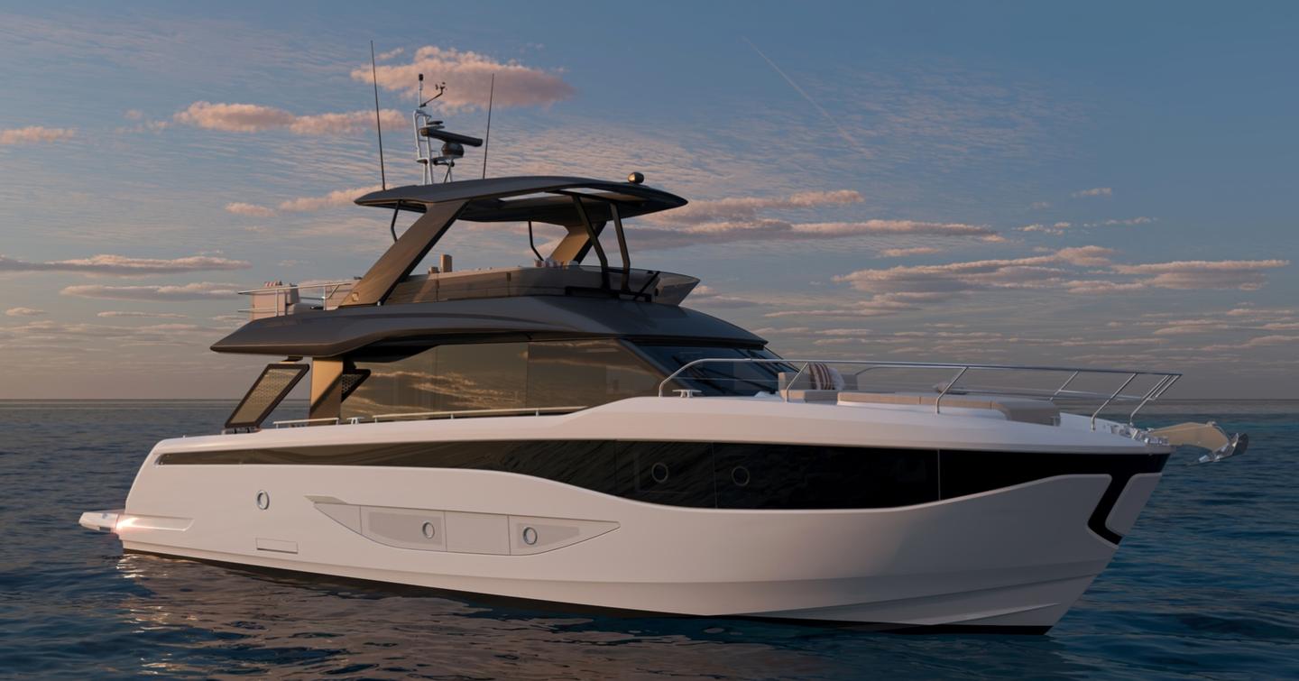 Prestige F6.7 motor yacht at anchor side view 