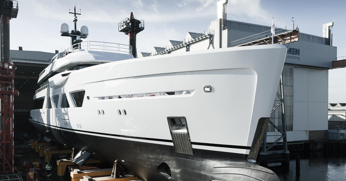 Amels 6009 superyacht leaving shipyard at launch