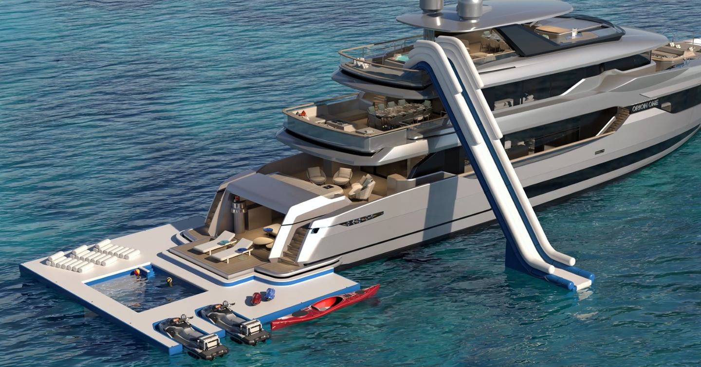Rendering of Orion Yachts Superyacht Orion One aft with inflatable slide and extended beach area 