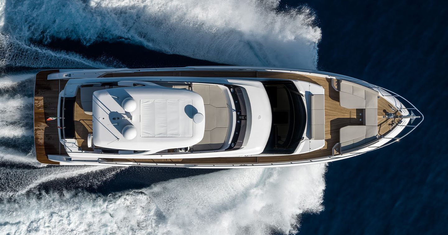 An aerial shot of the Ferretti 670 at sea