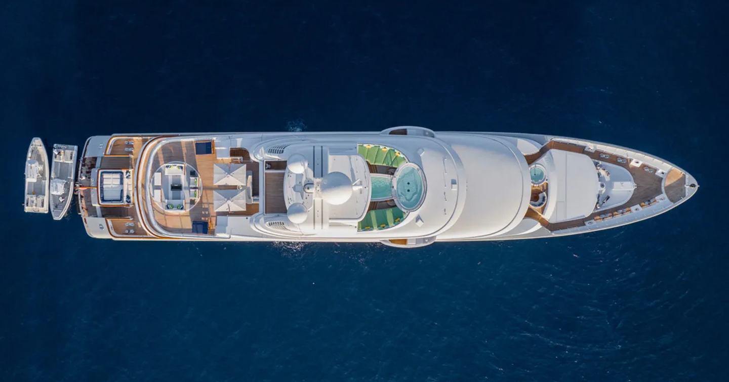 Aerial view of Superyacht Rocinante at anchor 