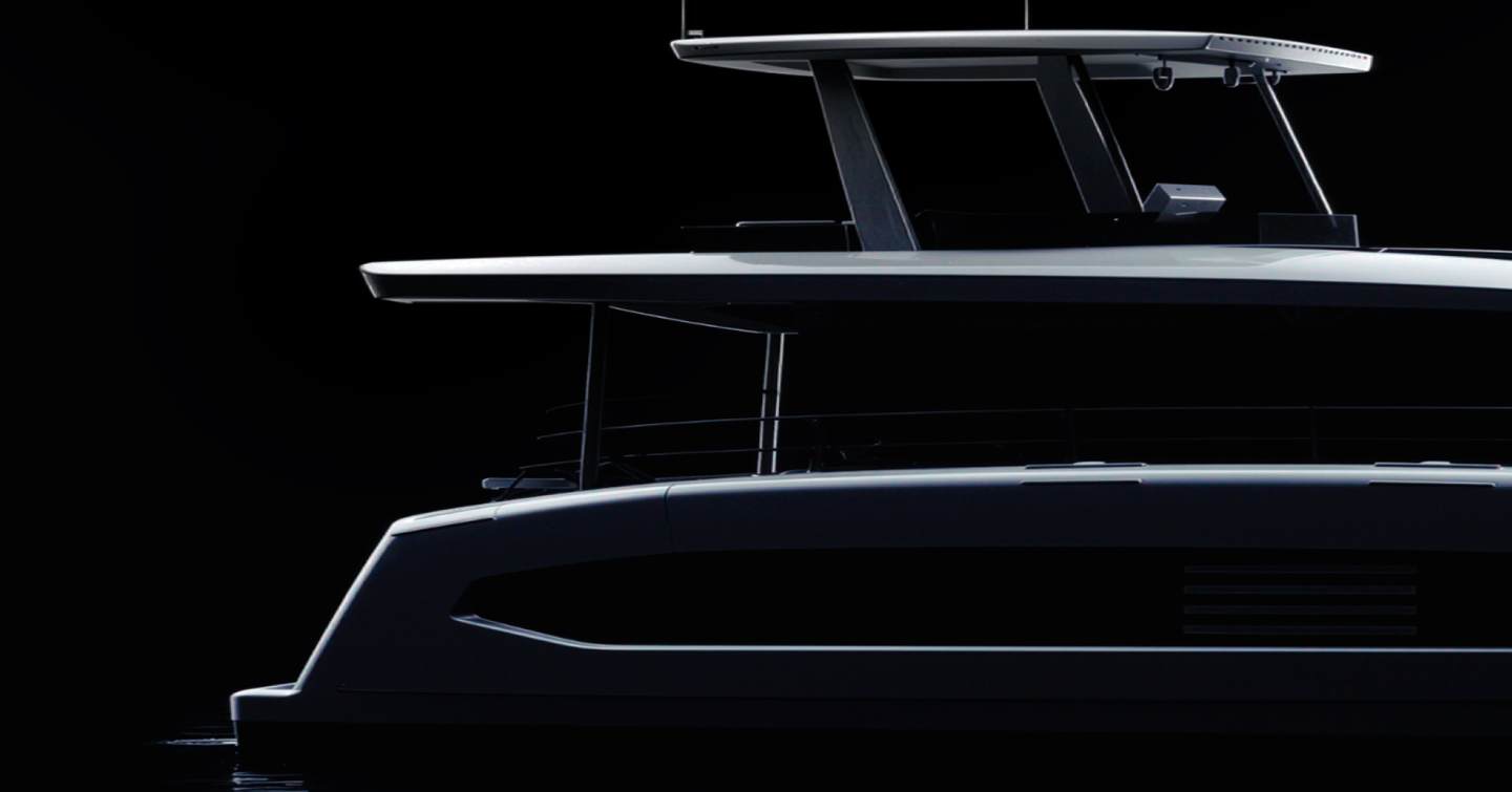 Sketch of Pioneer Yachts PY60 catamaran in black and white 