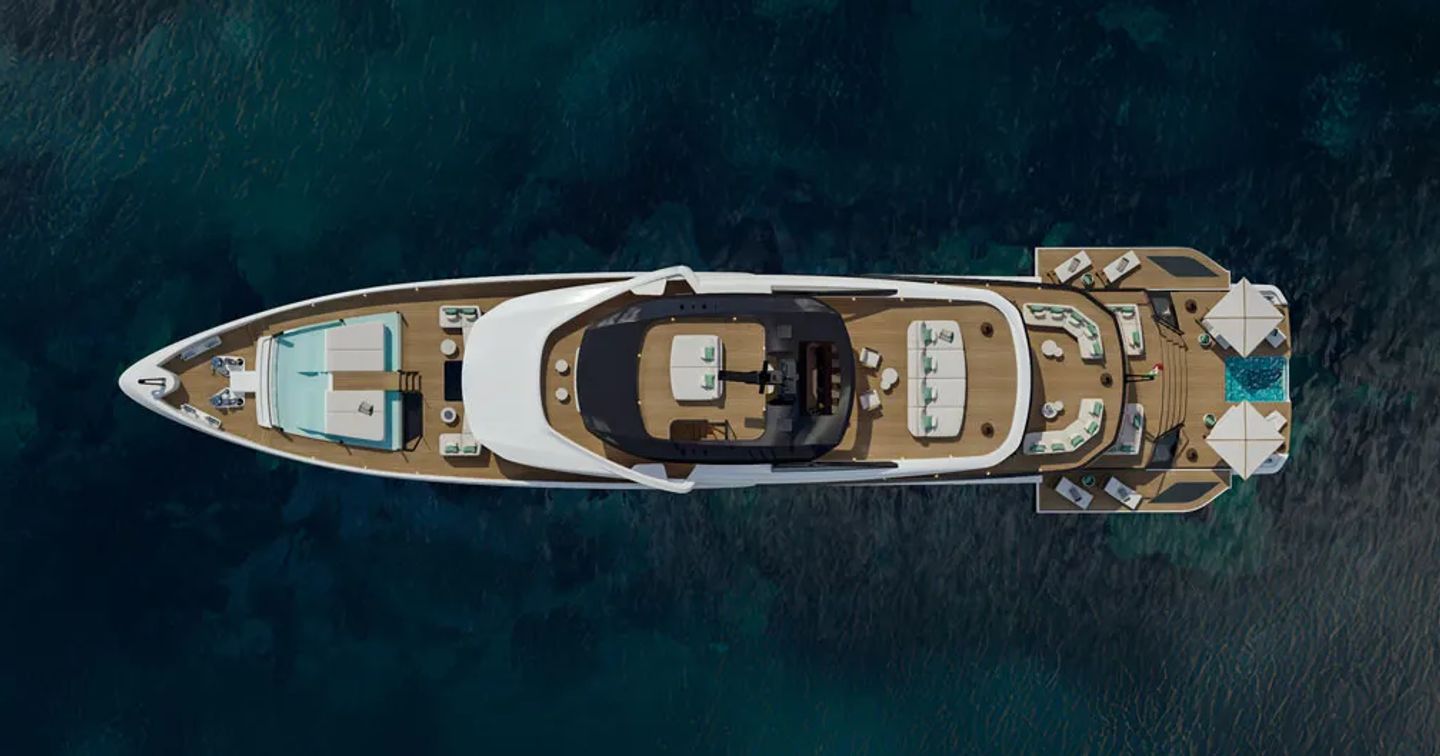 Aerial Rendering of Mangusta Oceano 52 superyacht at anchor 
