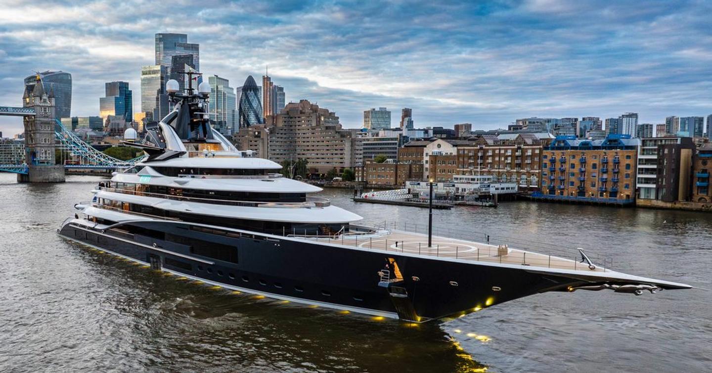 Superyacht Kismet moored outside Tower Bridge in front of London skyline