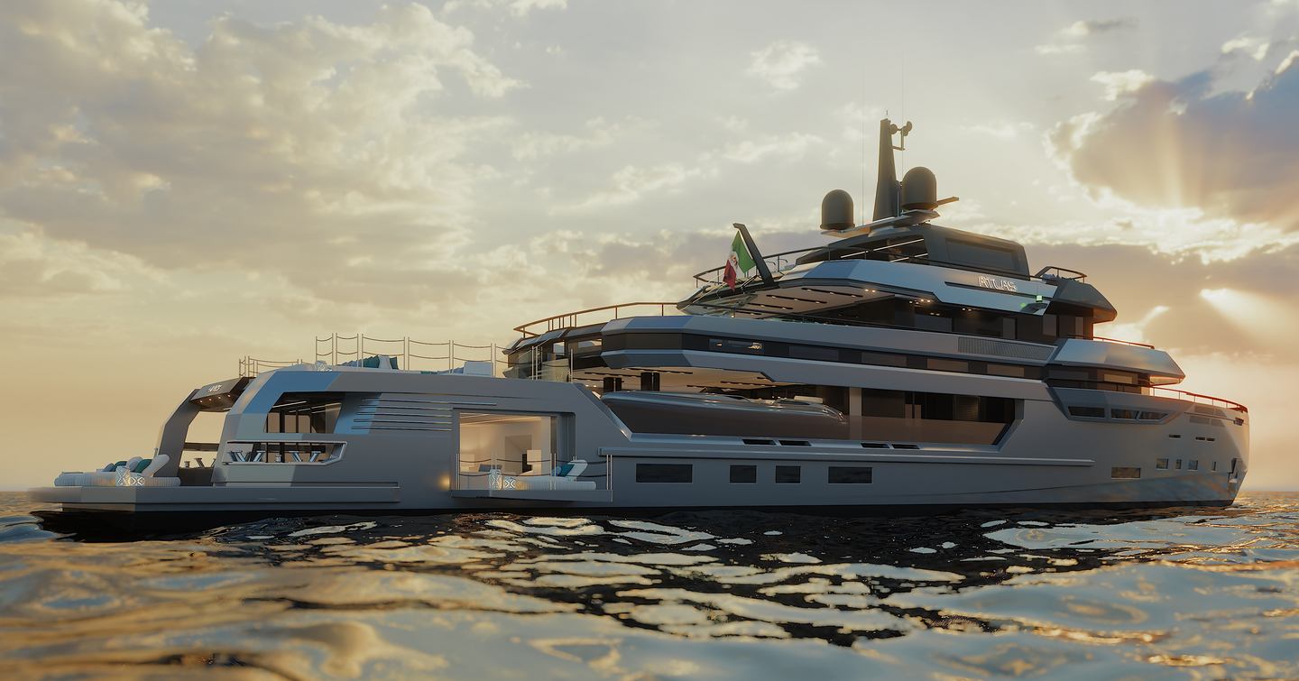 A render showcasing Ares Yachts ATLAS' expansive stern spaces