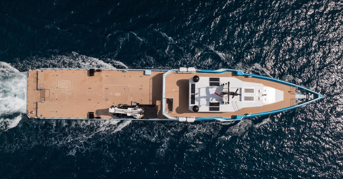 Aerial view of Support yacht Five Oceans under way