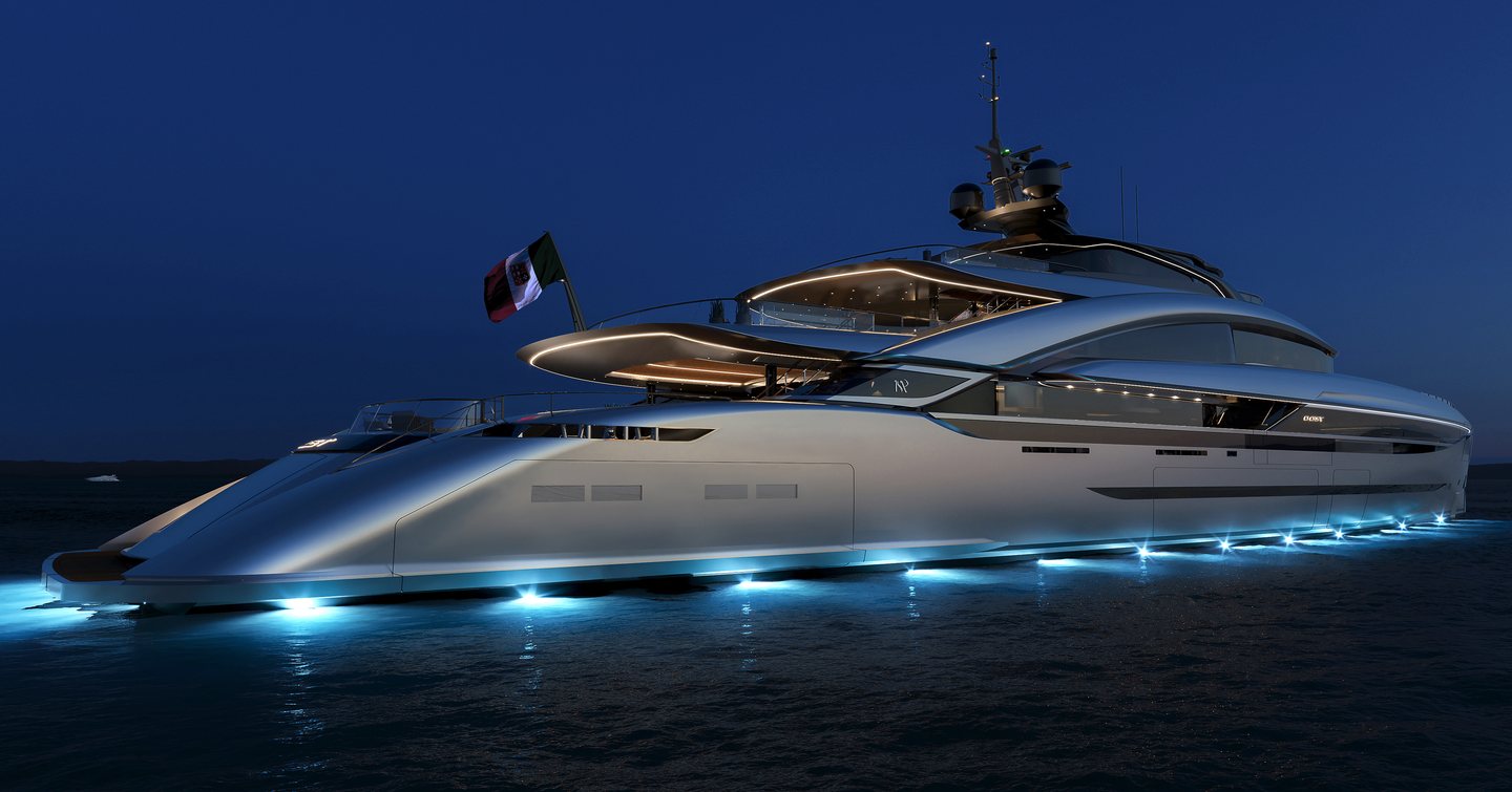 Rendering of Project Future superyacht at anchor with blue underwater lights at night