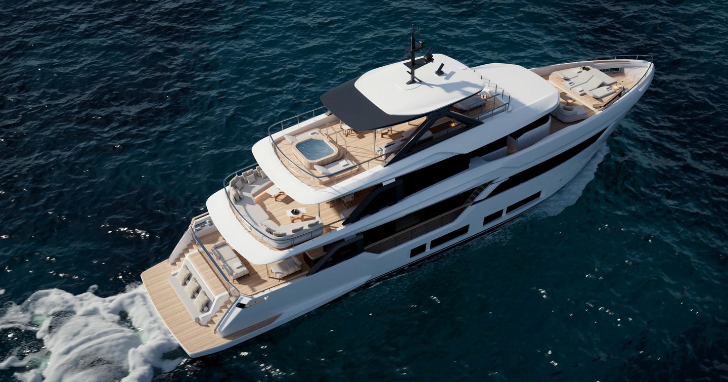 Custom Line Navetta 35 motor yacht underway view of decks 