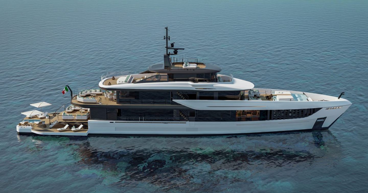 Rendering of First Mangusta Oceano 52 superyacht at anchor