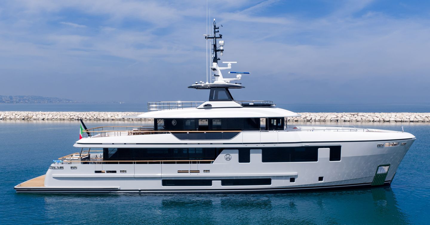 Cantiere delle Marche motor yacht Octopus at anchor side view 