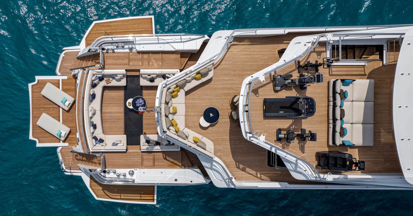 Aerial view of Mangusta Oceano 50 motor yacht aft decks