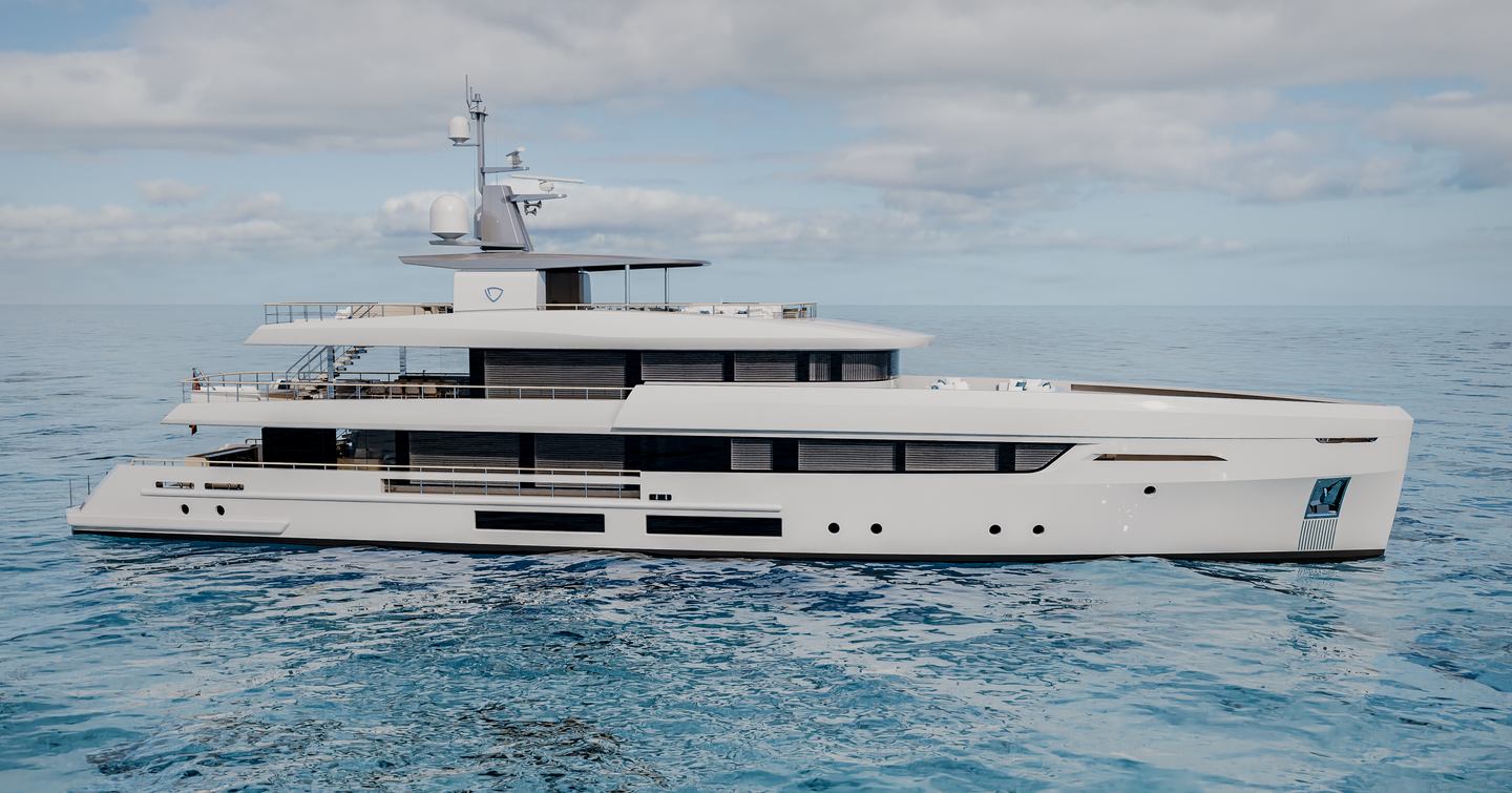 Rendering of Tankoa T450 superyacht at anchor 