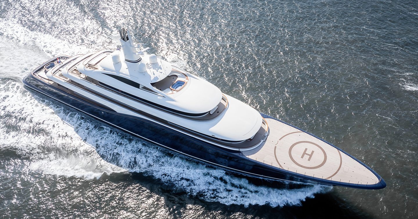 Aerial view of Feadship Superyacht Destiny (Project 1014) under way on sea trials 