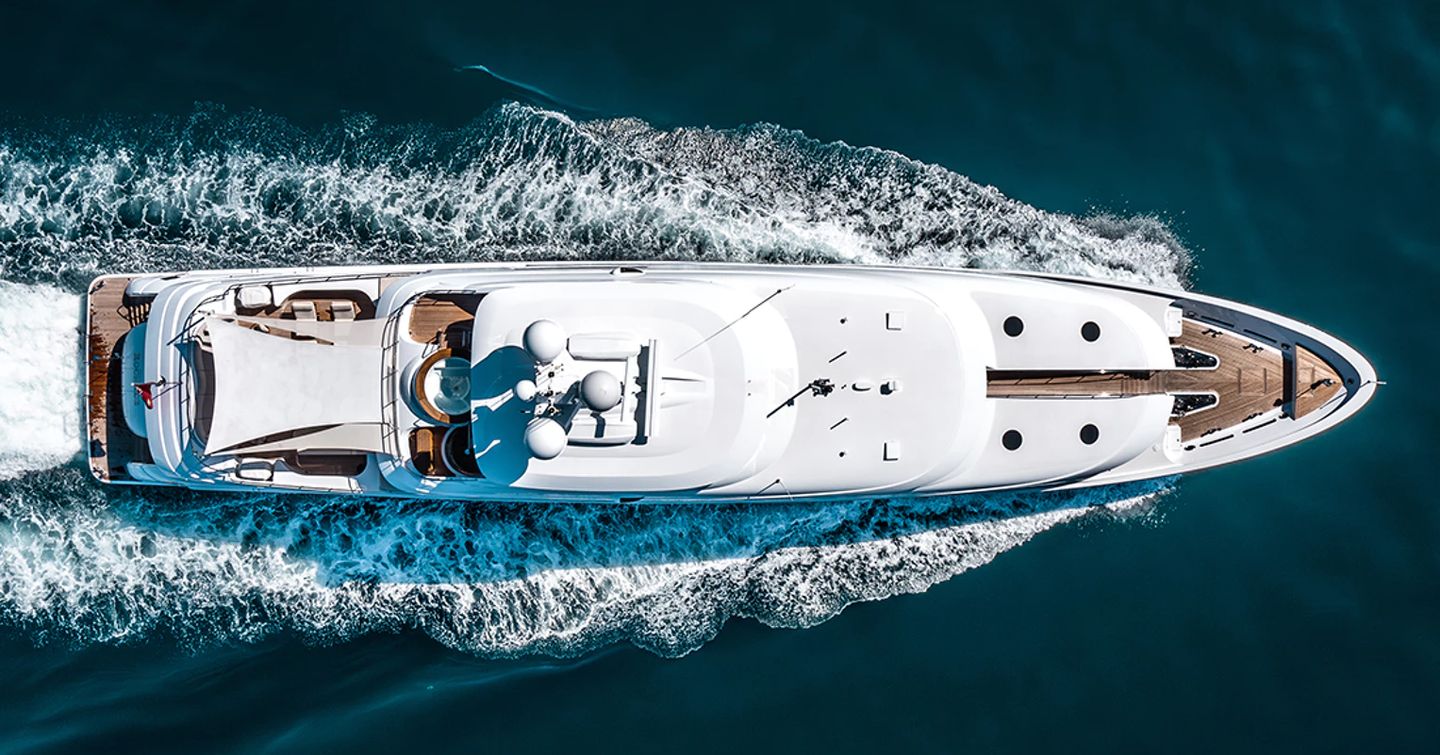 Aerial view of Superyacht Rochade under way
