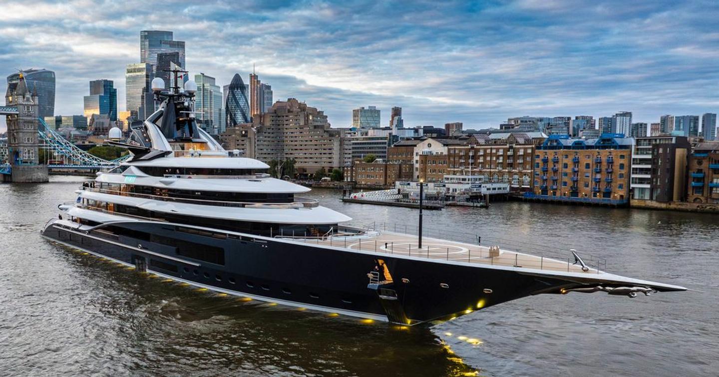 Superyacht Kismet moored next to Tower Bridge in London 