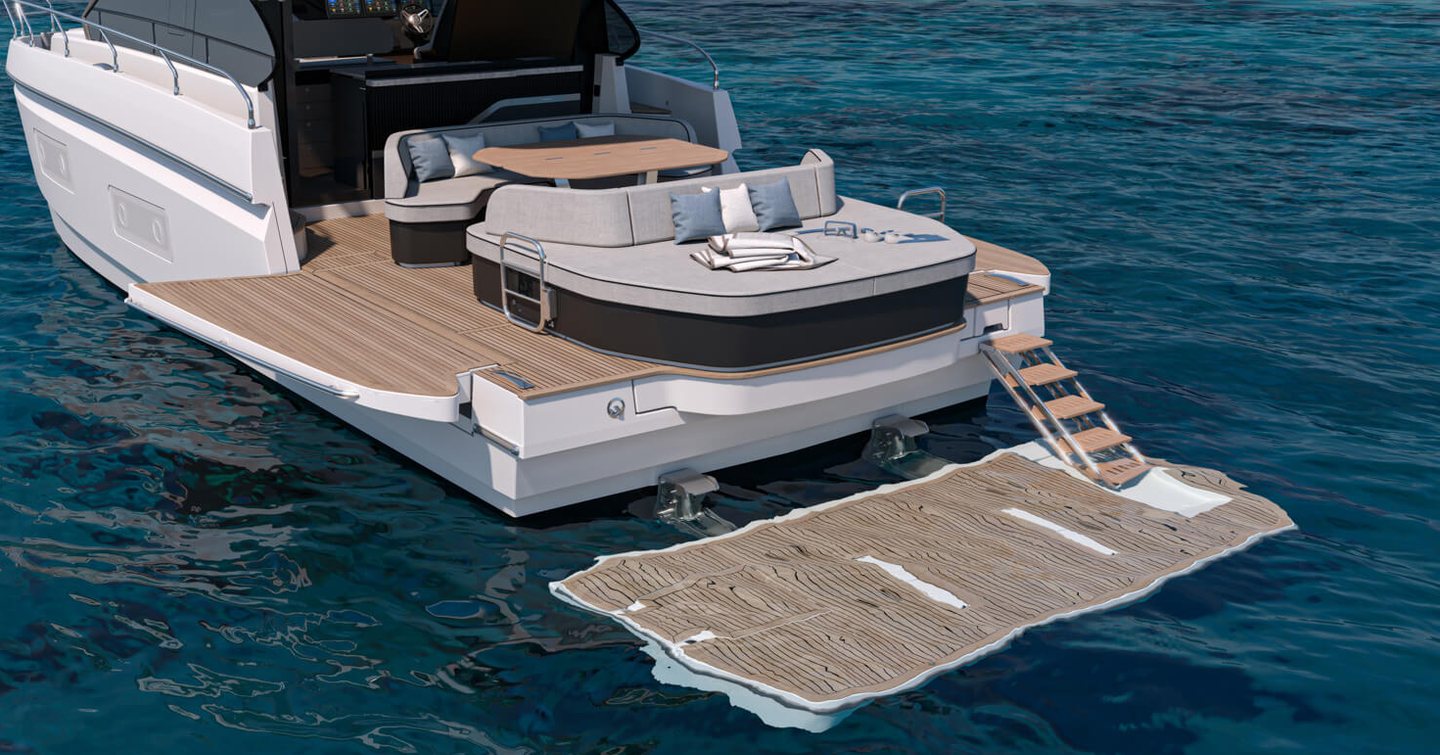 Rendering of Beneteau Gran Turismo 50 boat aft deck with extended platform in water