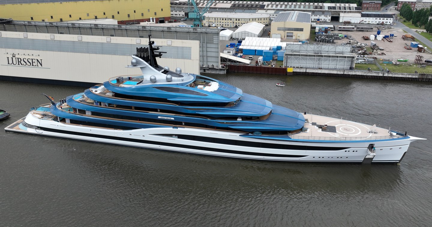 Superyacht Deep Blue outside Lurssen shipyard at launch