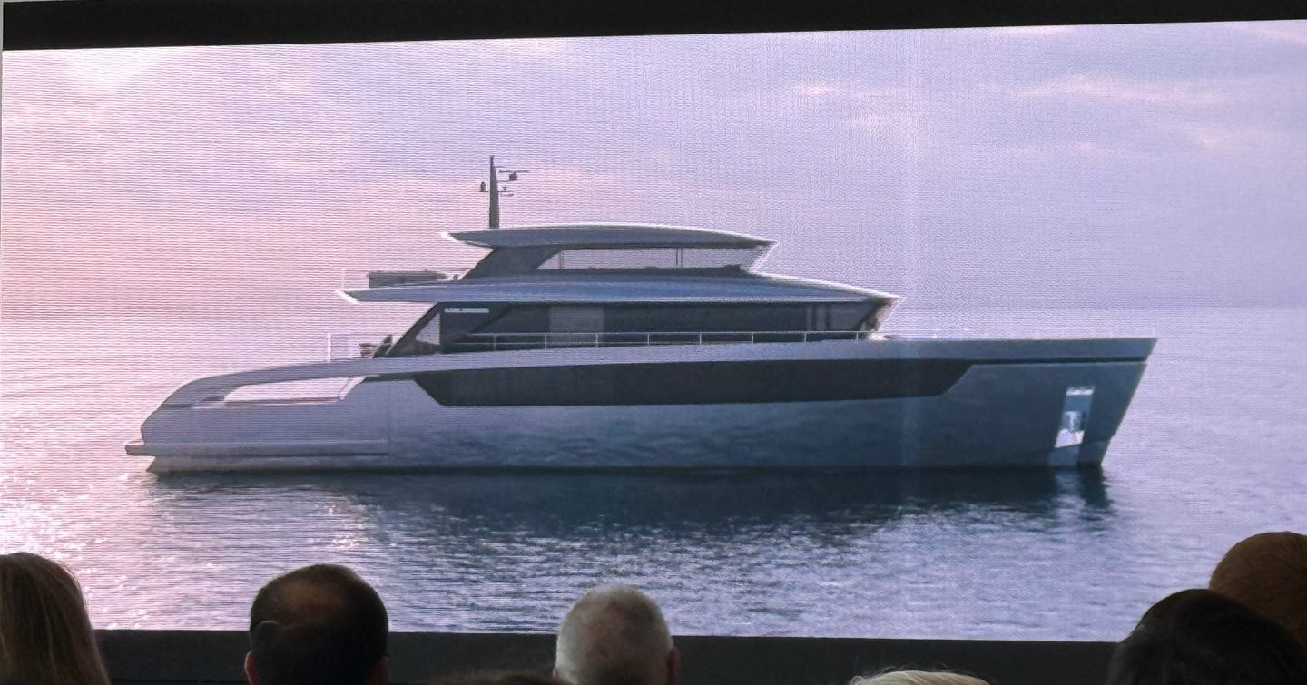 Rendering of Sanlorenzo SX136 motor yacht at anchor at Cannes 2025 press conference