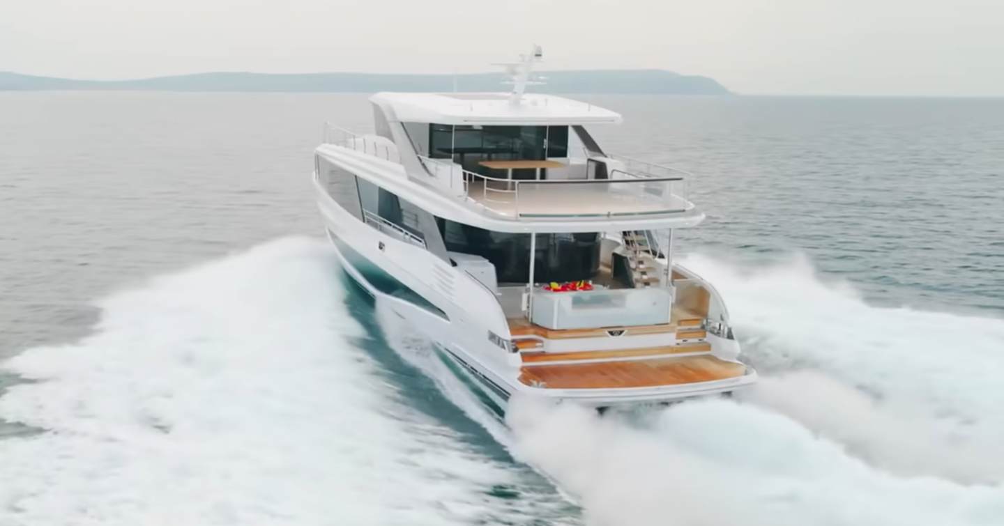 Stern shot of Princess X90 Motor Yacht under way on sea trials 