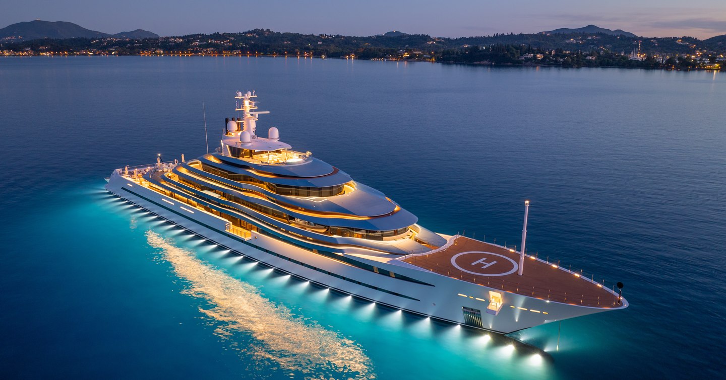 Oceanco's 110m superyacht KAOS anchored in Corfu, Greece.