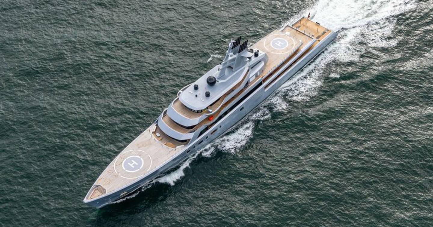 An aerial shot of Lurssen Project ALI BABA showcasing its four expansive decks