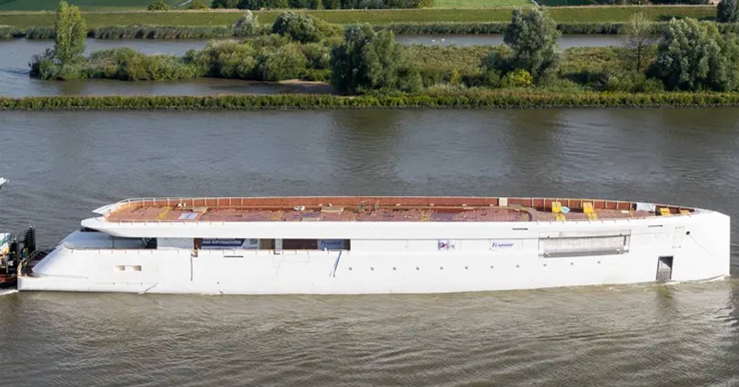 Close up of Feadship Project 832 Superyacht Hull during transportation