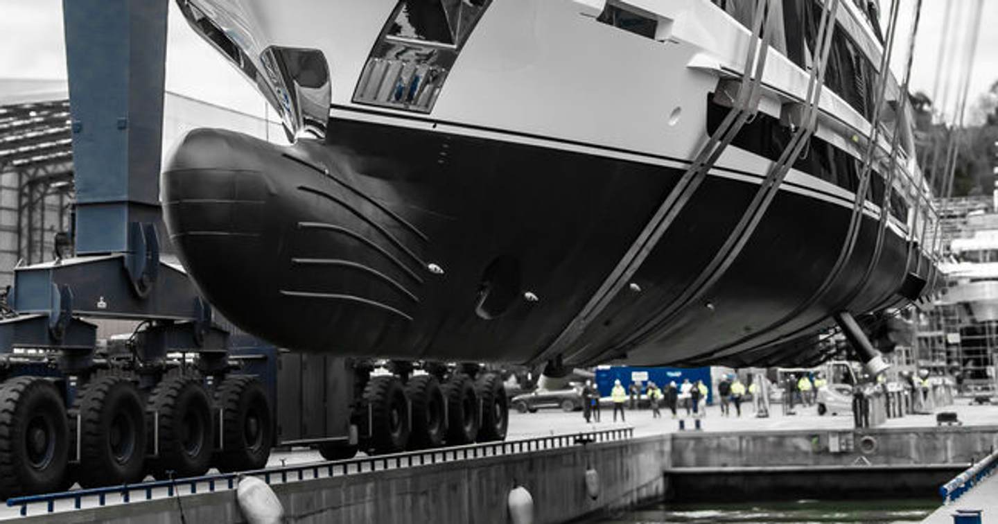 Superyacht Marsa Luna bulbous bow area at launch