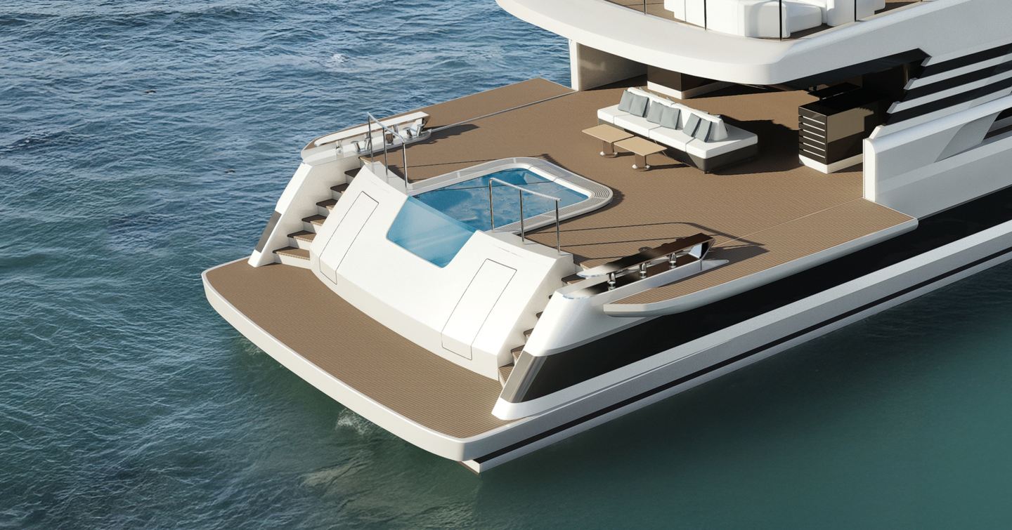 Close up Rendering of Cantieri di Pisa CDP Custom 40 superyacht aft deck with infinity pool
