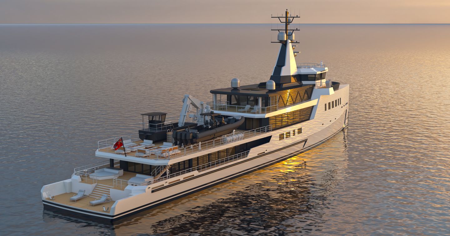 Rendering of Damen 75m Hybrid yacht at anchor 