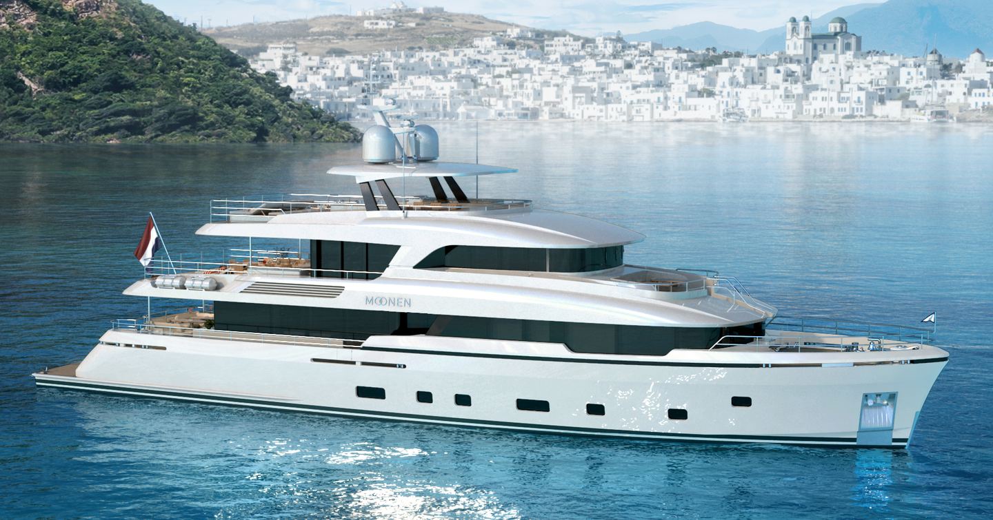 Rendering of Moonen 122 Martinique motor yacht at anchor 