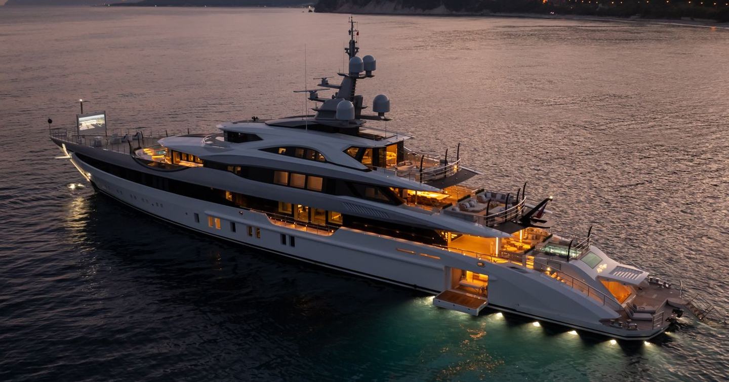Bilgin 263 Superyacht Al Reem at anchor at dusk with underwater blue LED lighting