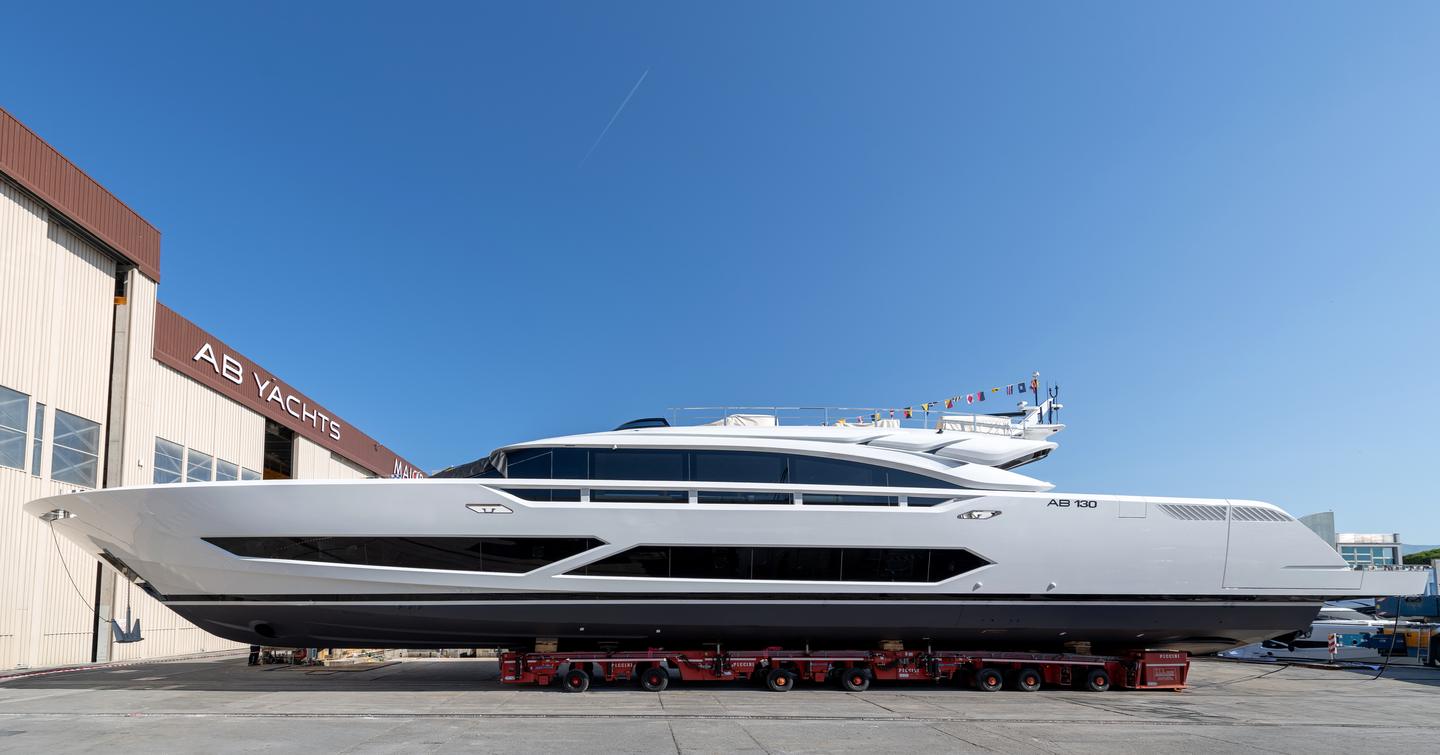 AB Yachts AB130 motor yacht Casa Bri Mare on trolley on way to launch